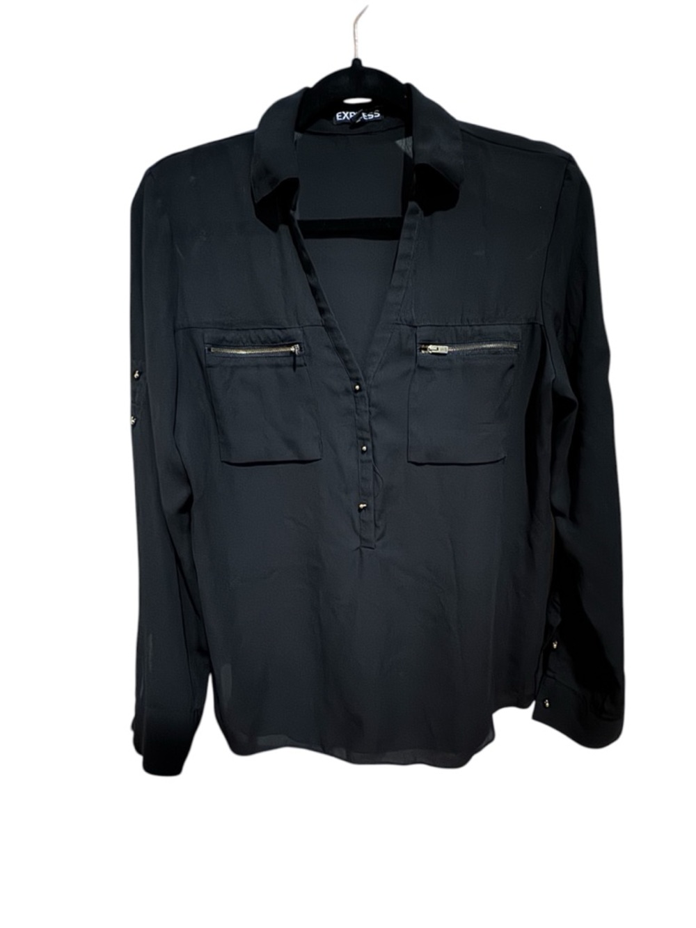 Express Black Long-Sleeve Zip-Pocket Popover Shirt